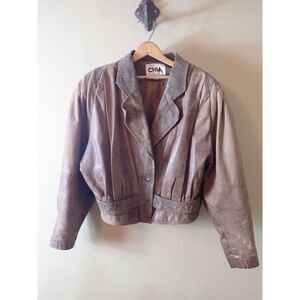 Chia Vintage 80s Cropped Leather Jacket Coat Snap Retro Brown Large